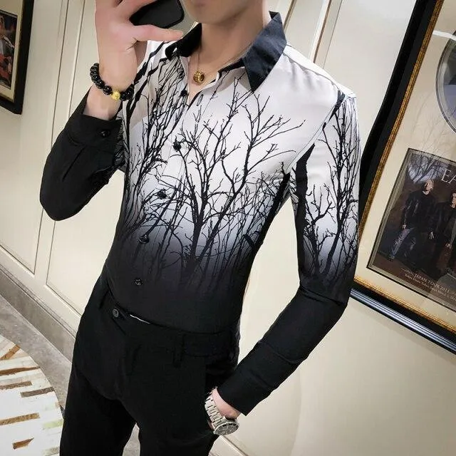 Spring Men's Floral Tree Art Long Sleeves All Match No Iron Night Club Shirt