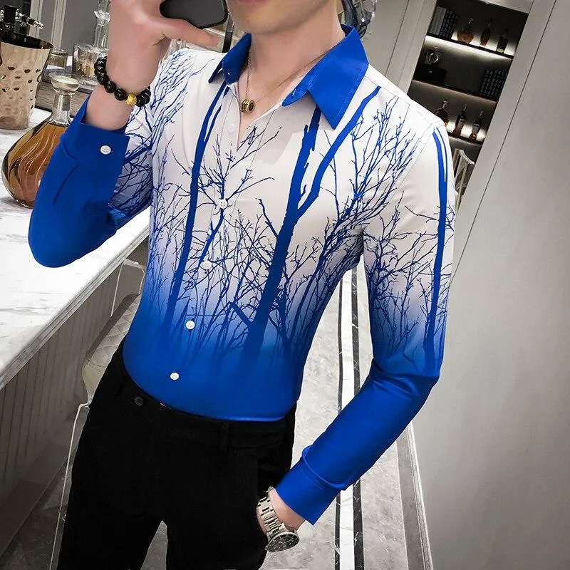 Spring Men's Floral Tree Art Long Sleeves All Match No Iron Night Club Shirt