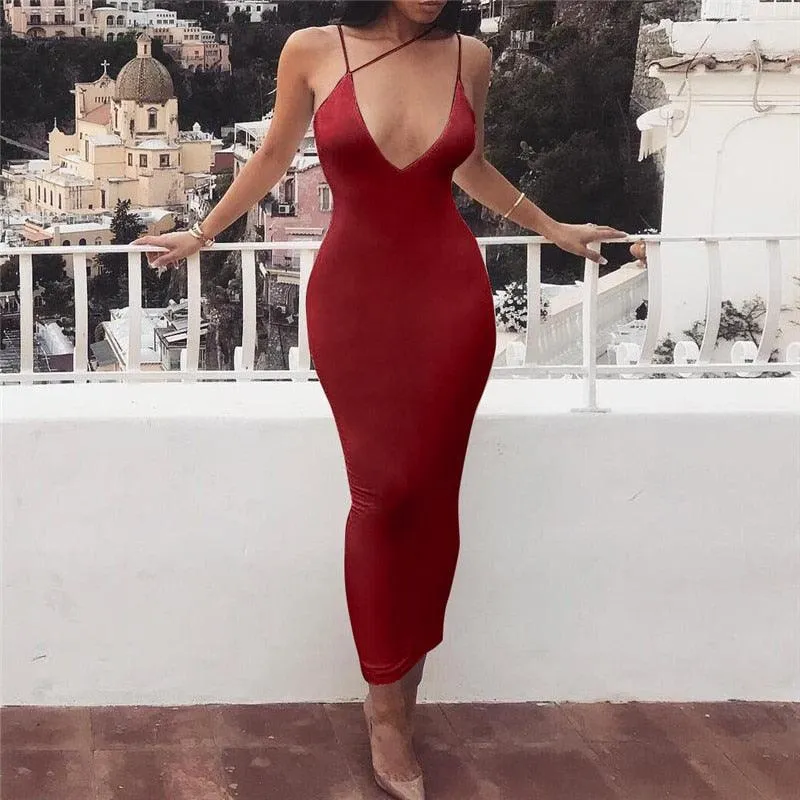 Thin Straps V-neck Halter Strap Tight Mid-length Dress