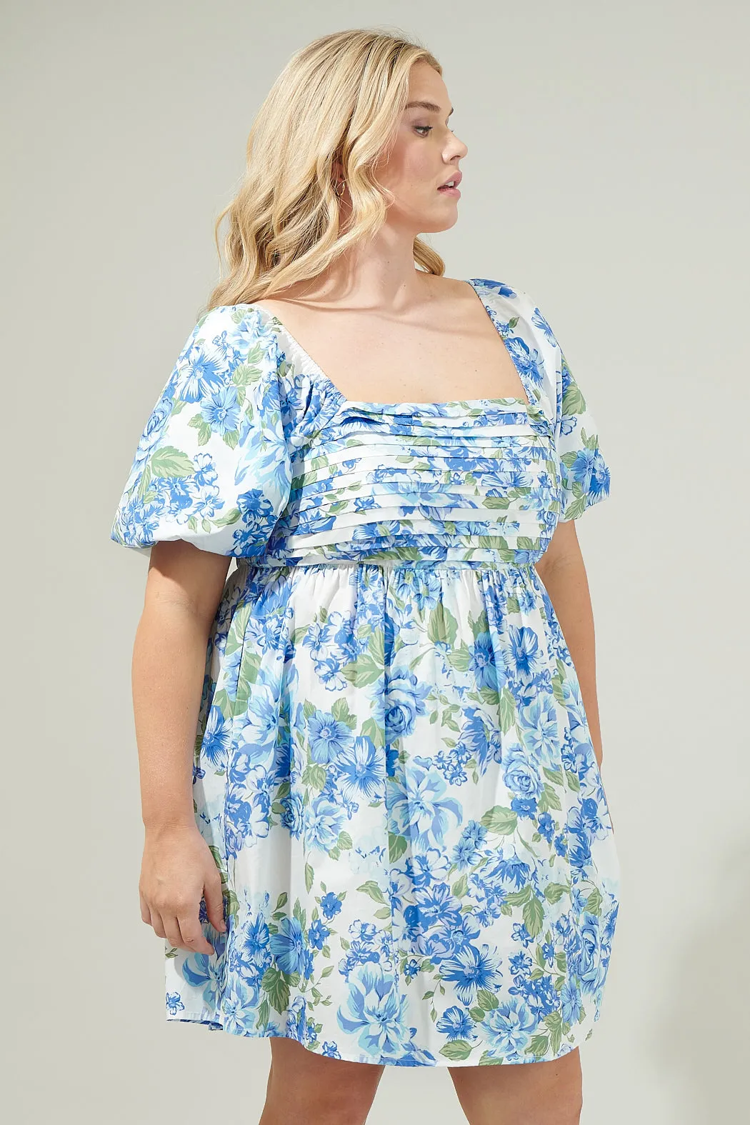 Truth Be Told Blue Floral Pleated Mini Dress Curve