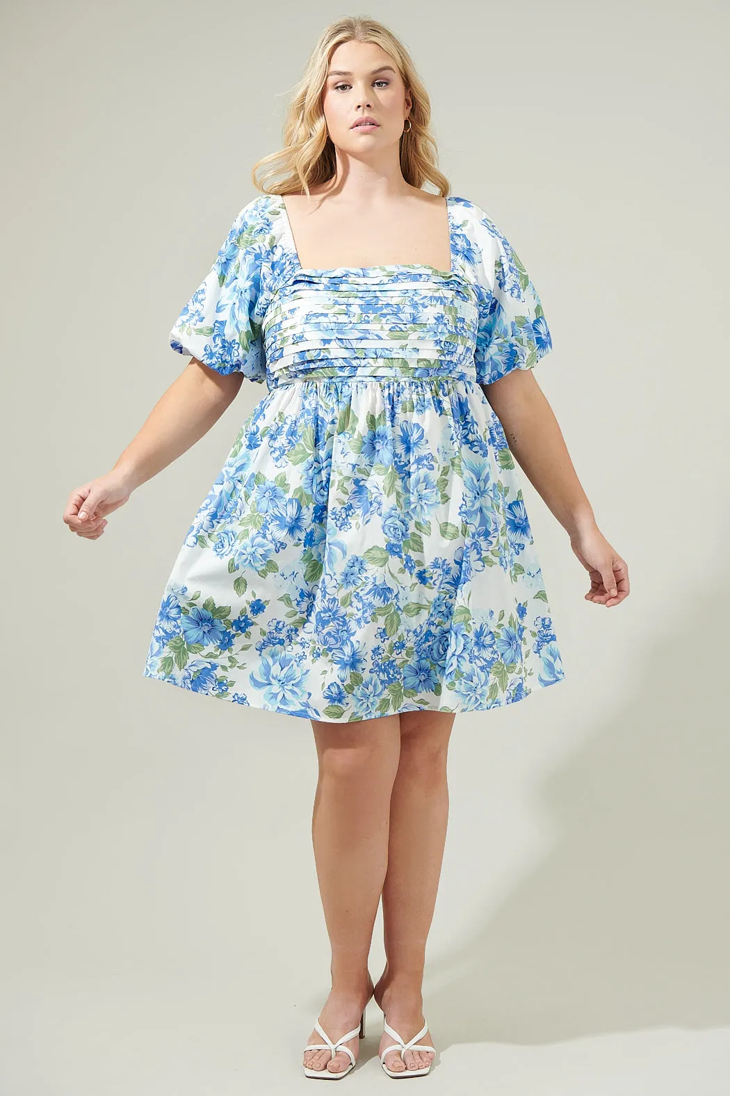 Truth Be Told Blue Floral Pleated Mini Dress Curve