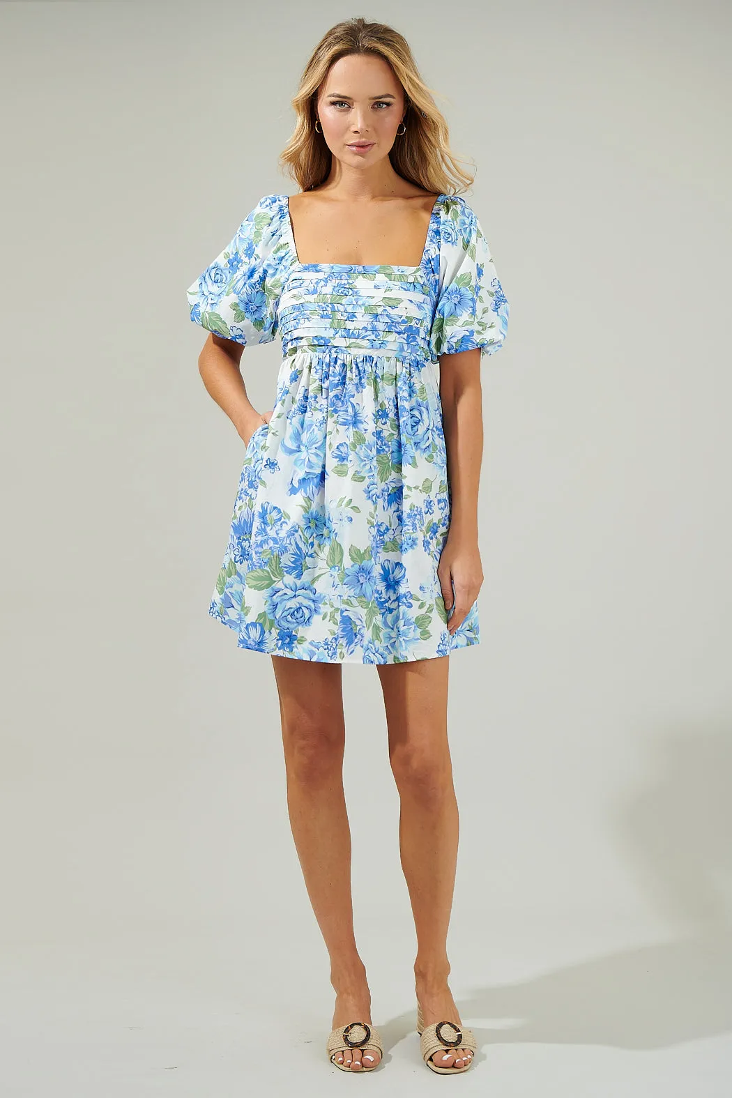 Truth Be Told Blue Floral Pleated Mini Dress