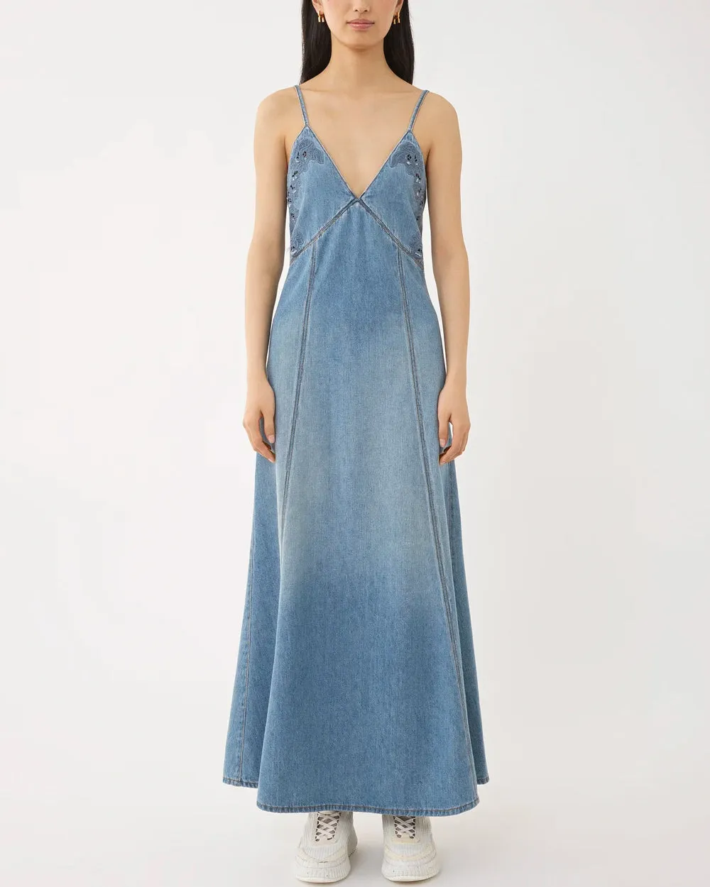 V Neck Denim Dress in Foggy Blue