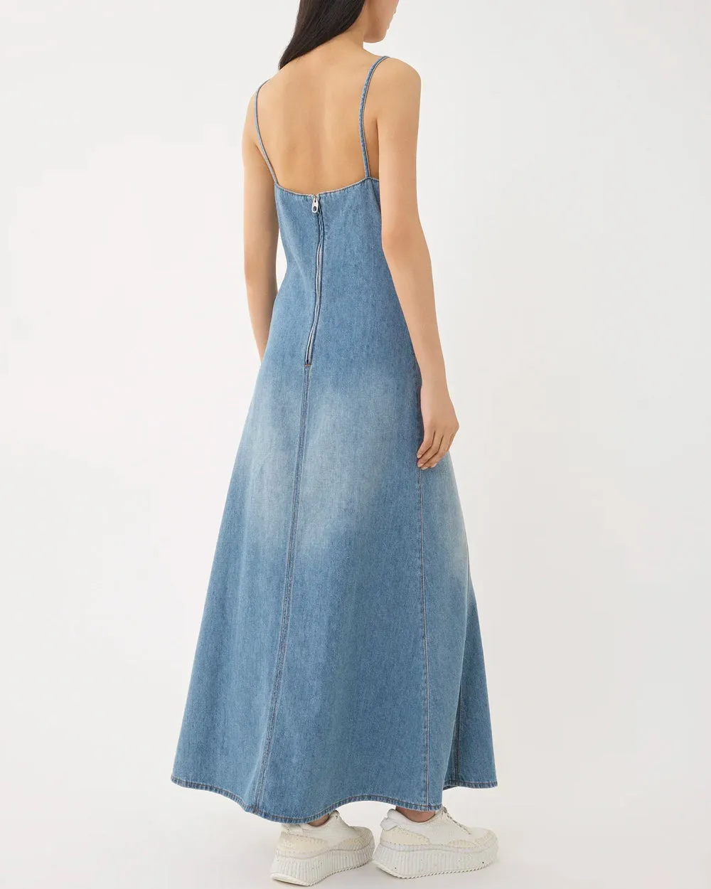 V Neck Denim Dress in Foggy Blue