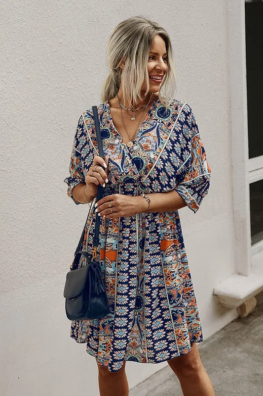 V Neck Half Sleeve Graphic Swing Dress