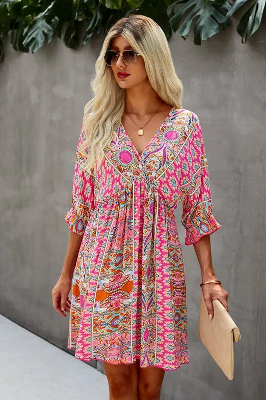 V Neck Half Sleeve Graphic Swing Dress