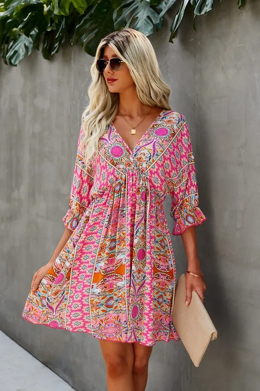 V Neck Half Sleeve Graphic Swing Dress