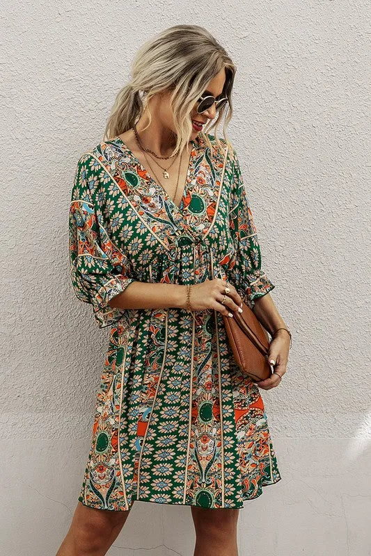 V Neck Half Sleeve Graphic Swing Dress