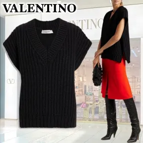 VALENTINO  |Casual Style Wool Rib Sleeveless V-Neck Plain Short Sleeves