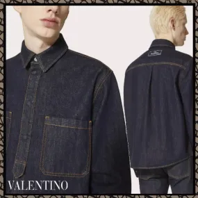 VALENTINO  |Denim Long Sleeves Plain Cotton Logo Front Button Luxury