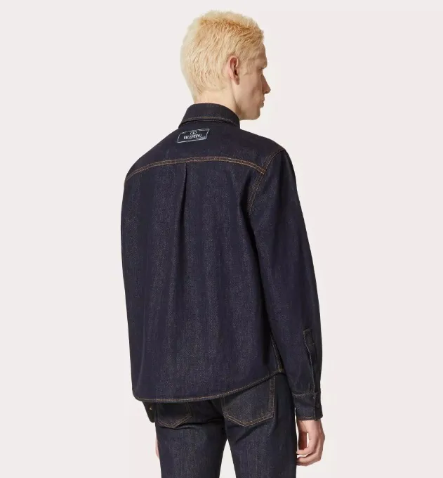 VALENTINO  |Denim Long Sleeves Plain Cotton Logo Front Button Luxury