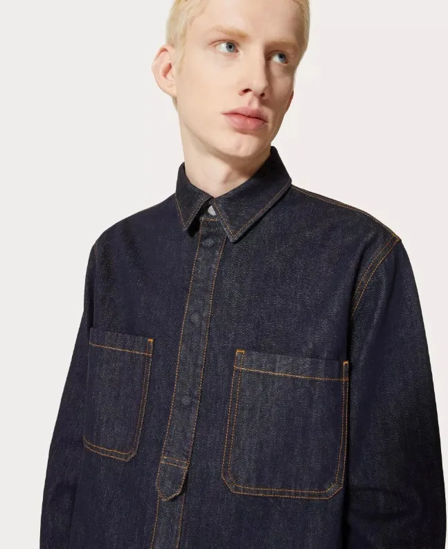 VALENTINO  |Denim Long Sleeves Plain Cotton Logo Front Button Luxury