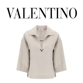 VALENTINO  |Linen Cropped Plain Logo Tunics