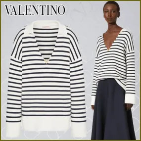 VALENTINO  |Stripes Long Sleeves Cotton Elegant Style Logo