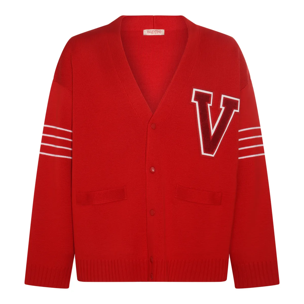 VALENTINO  |Stripes Wool Plain Logo Front Button Luxury Cardigans