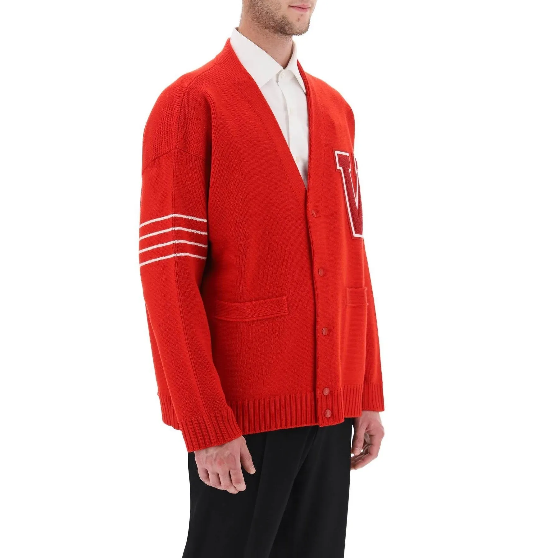 VALENTINO  |Stripes Wool Plain Logo Front Button Luxury Cardigans