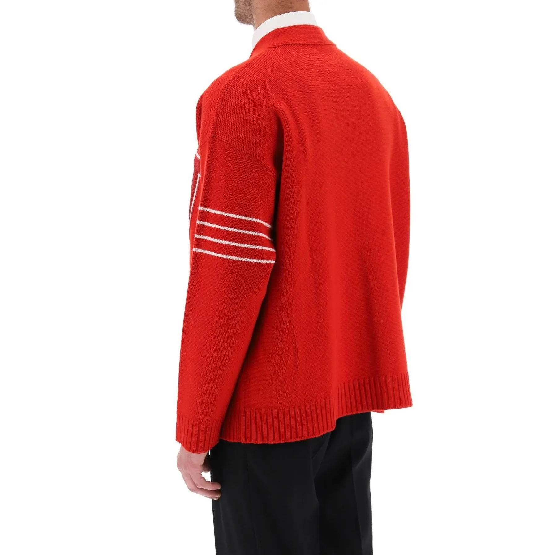 VALENTINO  |Stripes Wool Plain Logo Front Button Luxury Cardigans