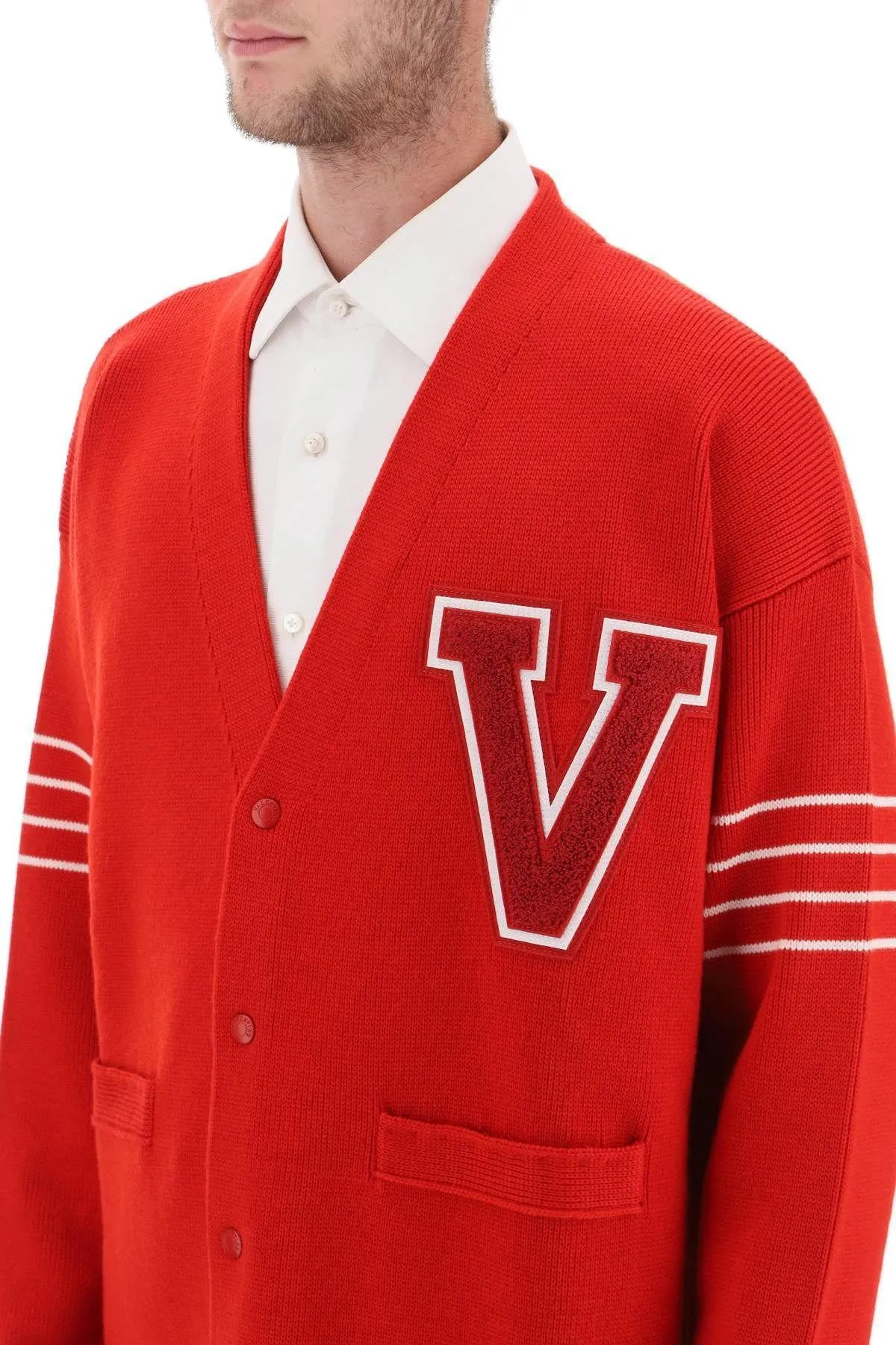 VALENTINO  |Stripes Wool Plain Logo Front Button Luxury Cardigans