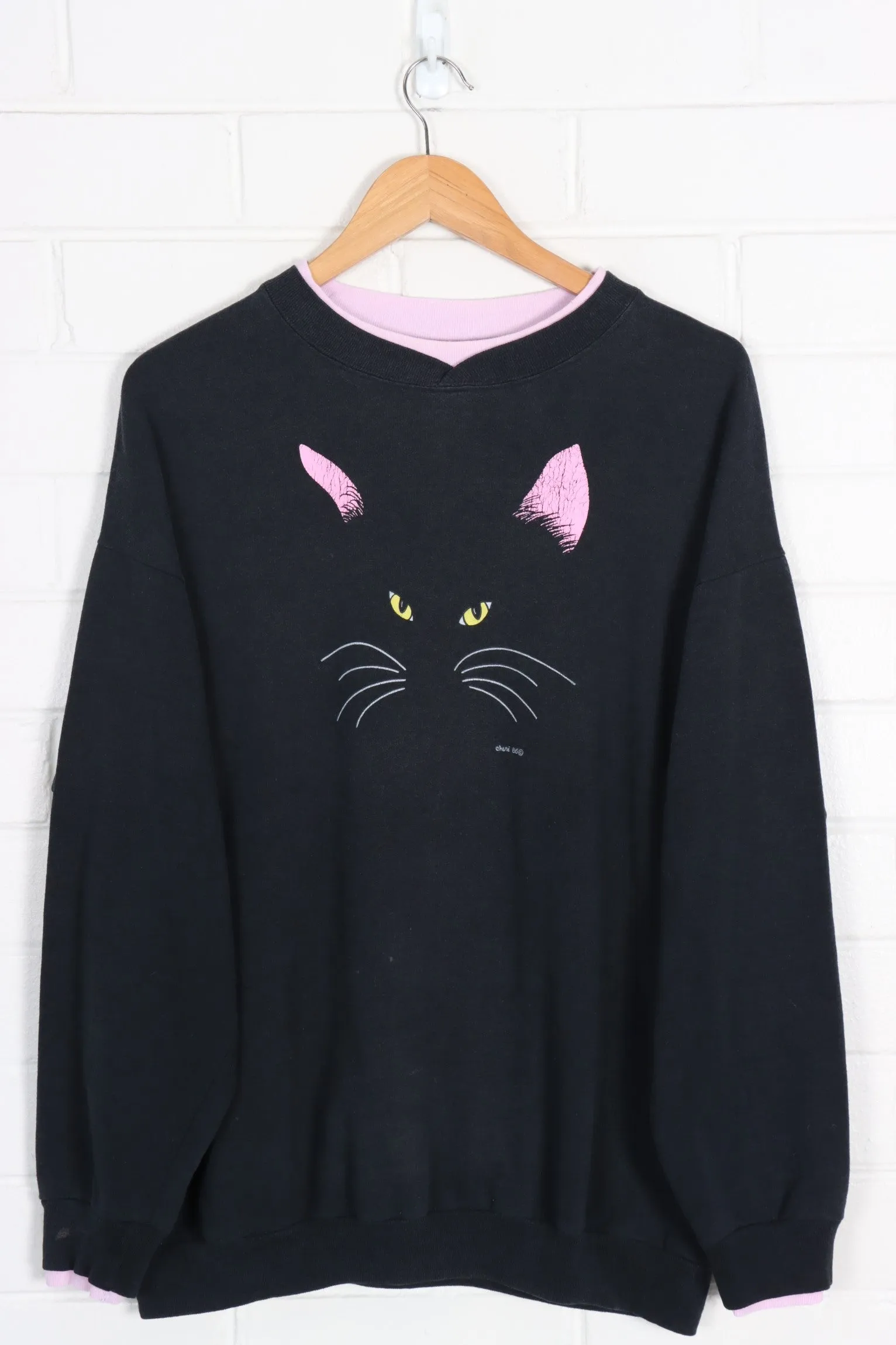 Vintage 1986 Black Cat Eyes Double Crew Neck Sweatshirt (XL)