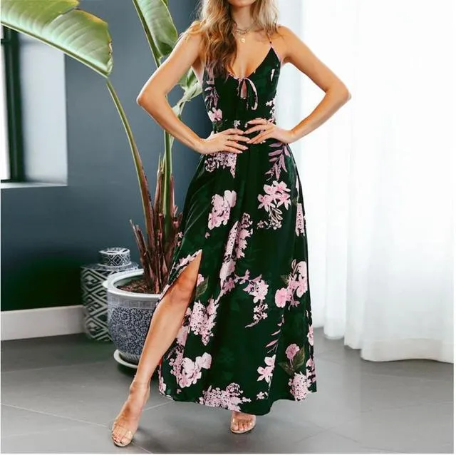 Women Dress Casual Backless Clothing Robe Femme Elegant Chic Beach Spaghetti Strap Bohemia Midi Dresses