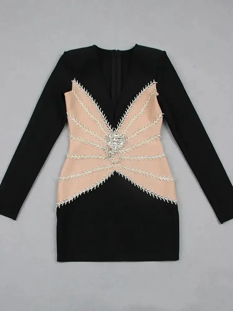 Women's Sexy Long Sleeve Rhinestone Tassel V-neck Patchwork Mini Dress