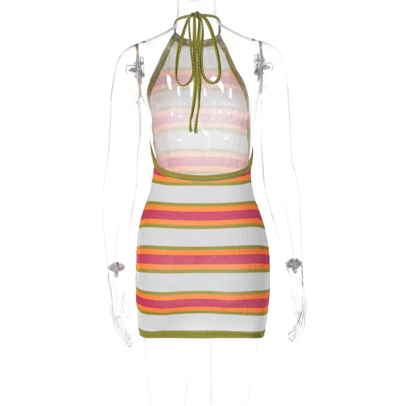 Women's Summer Multi-Color Stripe Knit Halter Neck Beachwear Mini Dress