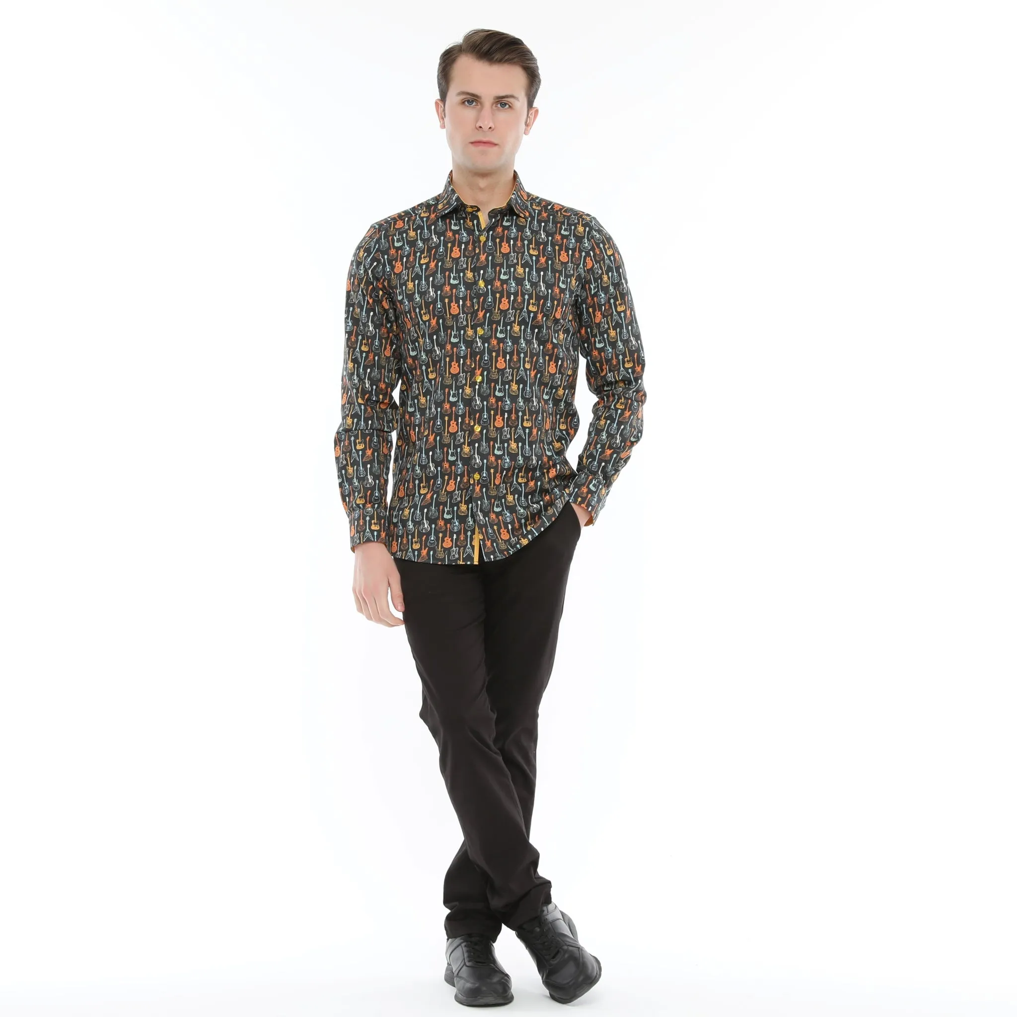 Xact Men's Retro Guitar Print Long Sleeved Shirt, Regular Fit