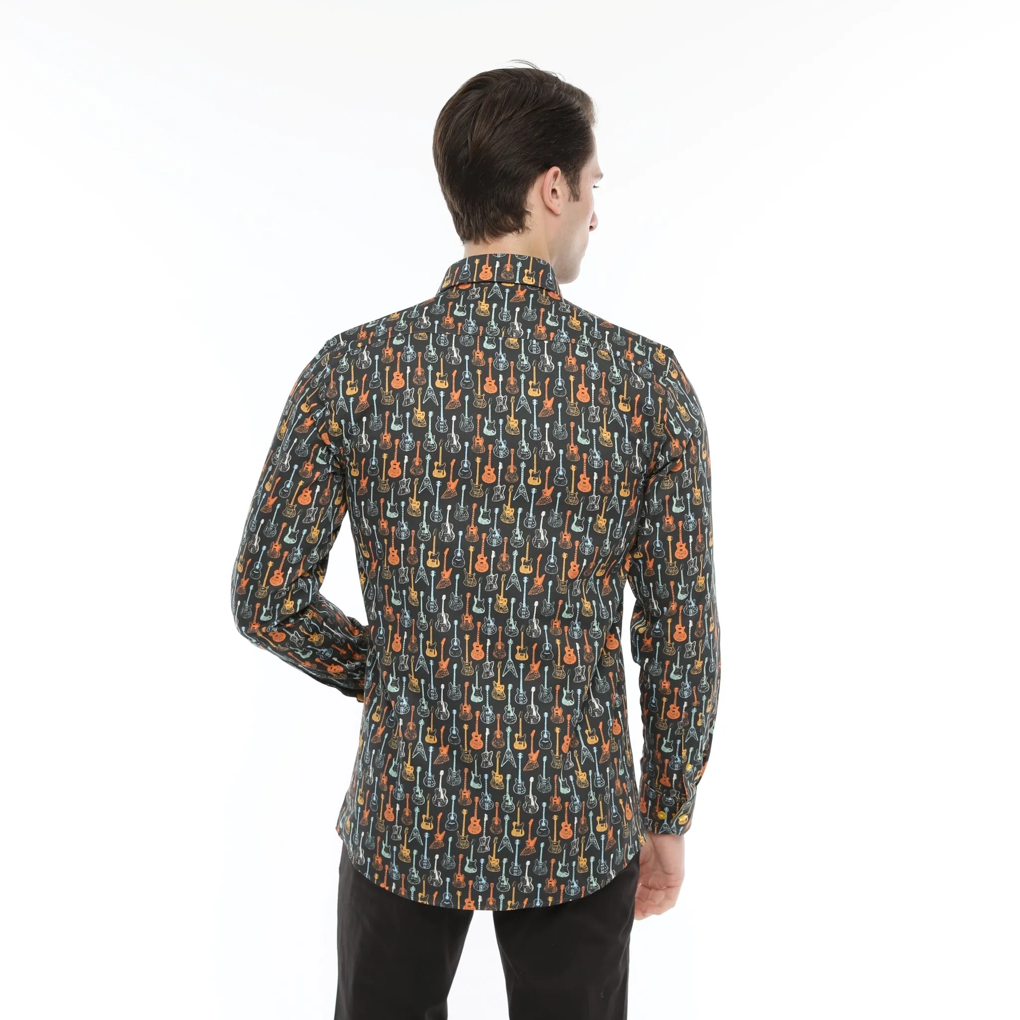 Xact Men's Retro Guitar Print Long Sleeved Shirt, Regular Fit