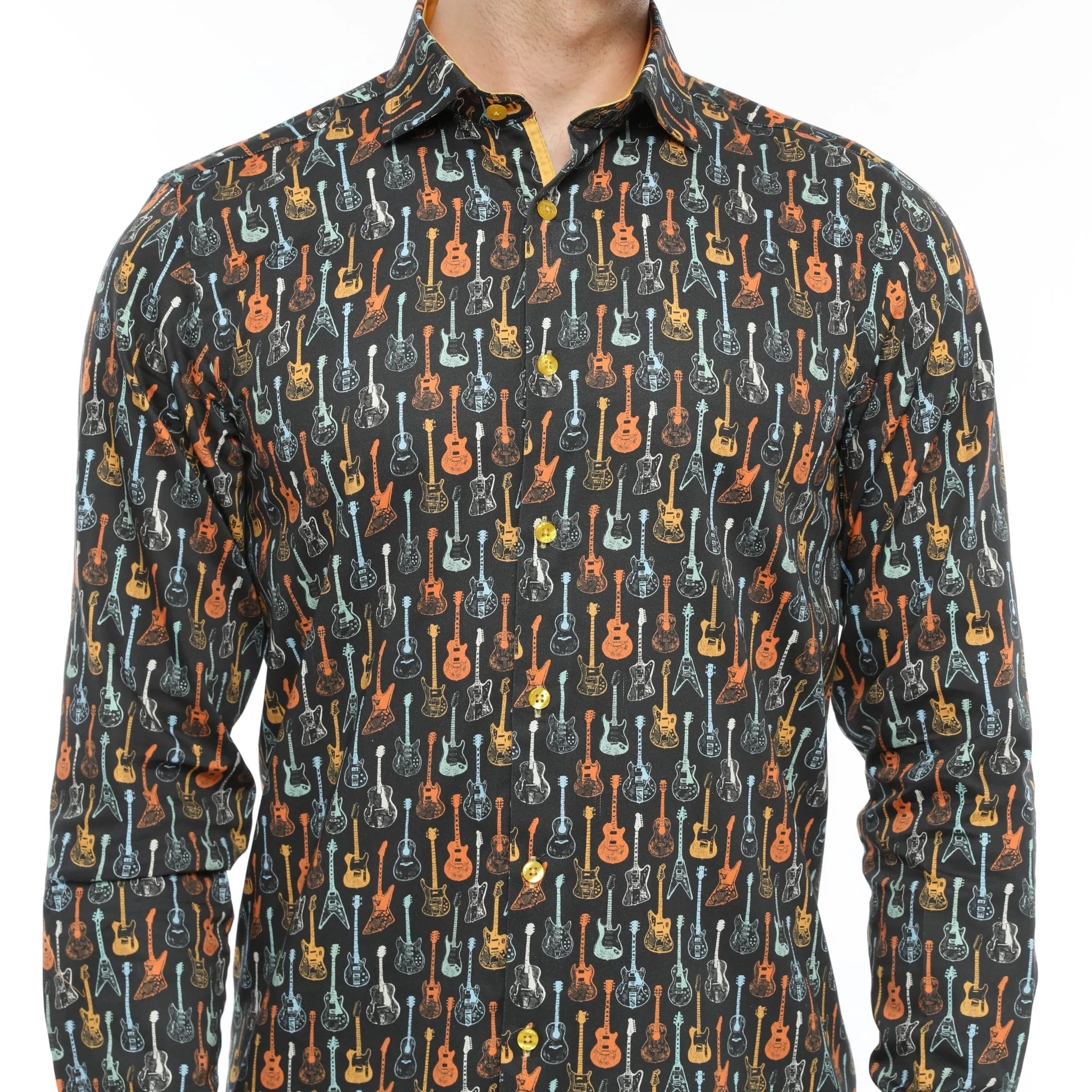 Xact Men's Retro Guitar Print Long Sleeved Shirt, Regular Fit