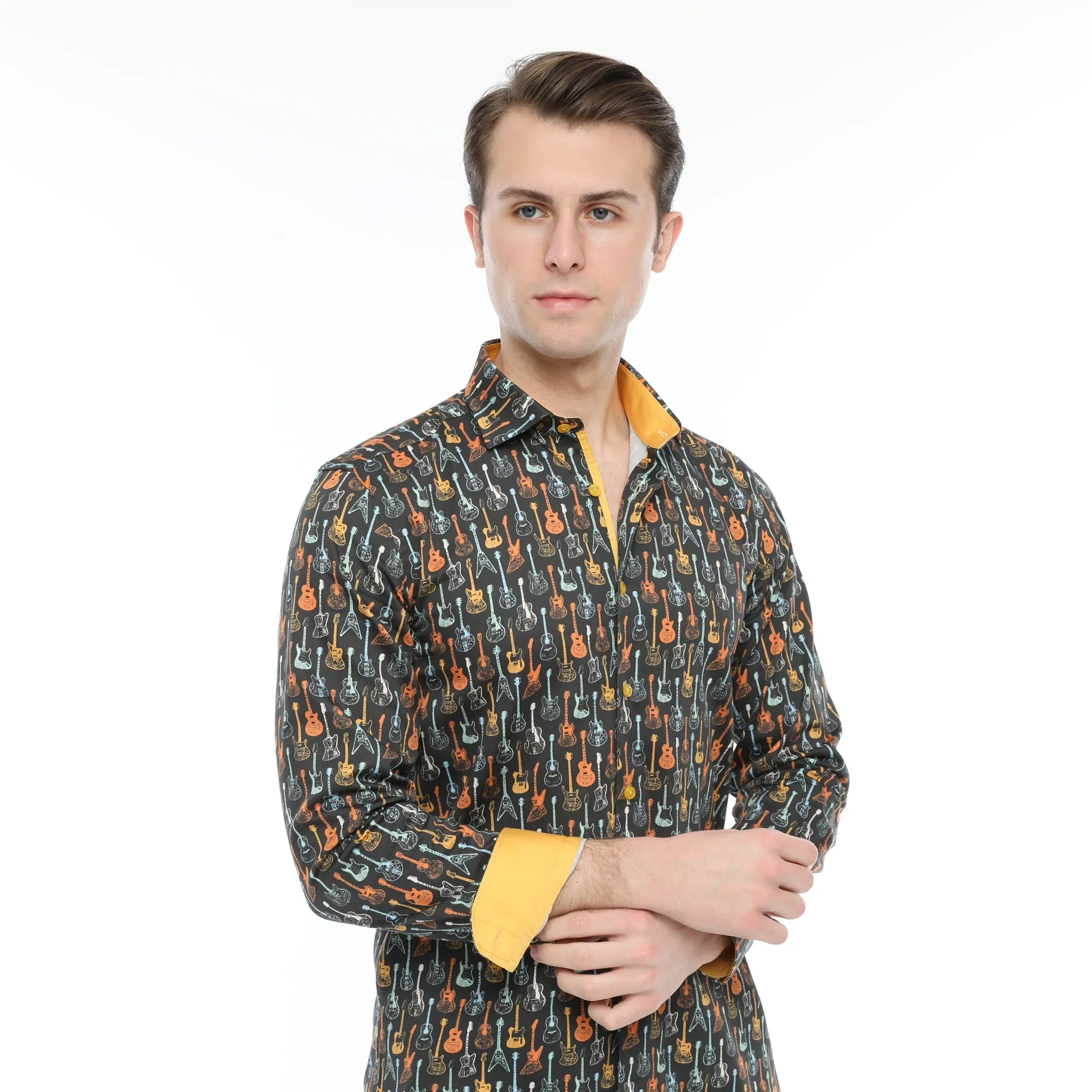 Xact Men's Retro Guitar Print Long Sleeved Shirt, Regular Fit