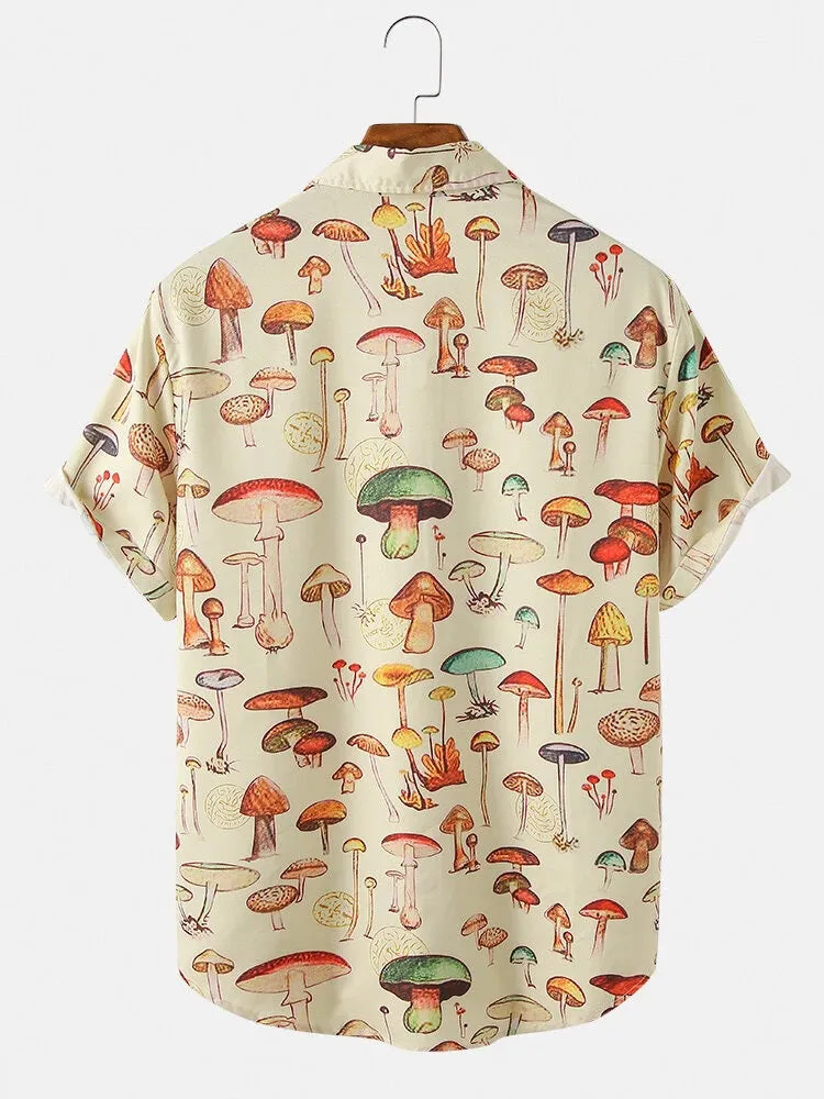 Xituodai 2022 Summer Men Hawaiian Shirts Lapel Chest Pocket Short Sleeve Colorful Element Mushroom Pattern Print Button Up Casua