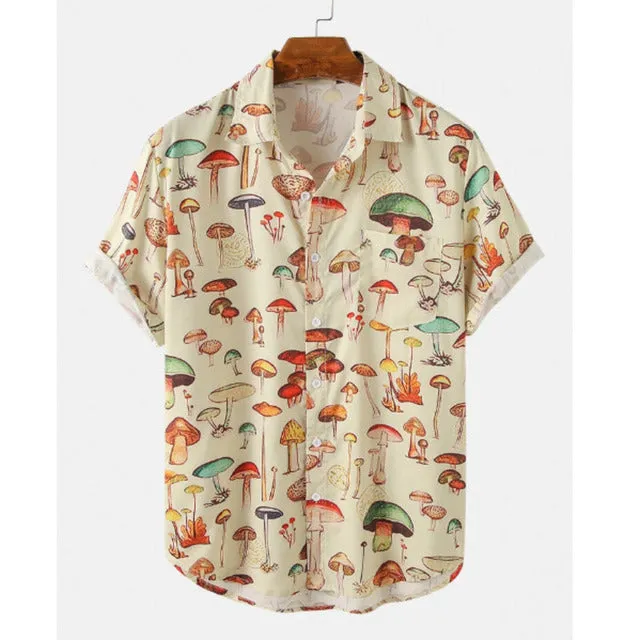 Xituodai 2022 Summer Men Hawaiian Shirts Lapel Chest Pocket Short Sleeve Colorful Element Mushroom Pattern Print Button Up Casua