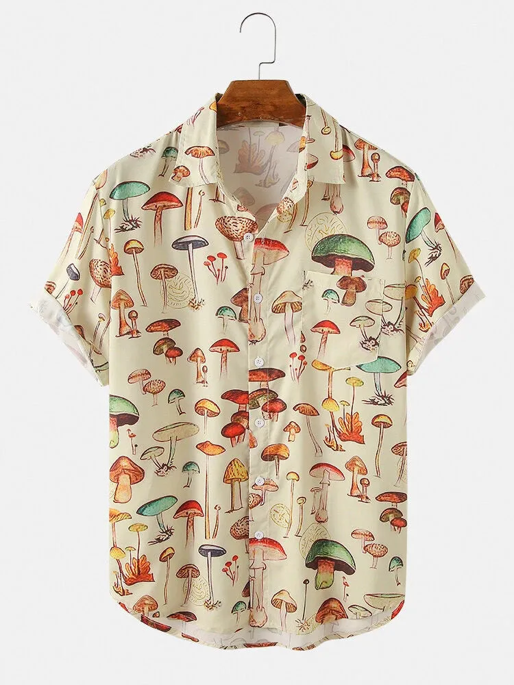 Xituodai 2022 Summer Men Hawaiian Shirts Lapel Chest Pocket Short Sleeve Colorful Element Mushroom Pattern Print Button Up Casua