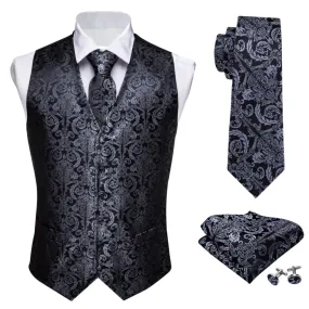 Xituodai Designer Mens Classic Black Paisley Jacquard Folral Silk Waistcoat Vests Handkerchief Tie Vest Suit Pocket Square Set B