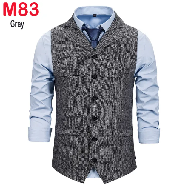 Xituodai Herringbone Tweed Mens Waistcoat Formal Business Casual Slim Fit Vests for Men Retro British Style Gentleman Men Suit V