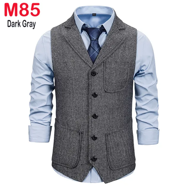 Xituodai Herringbone Tweed Mens Waistcoat Formal Business Casual Slim Fit Vests for Men Retro British Style Gentleman Men Suit V