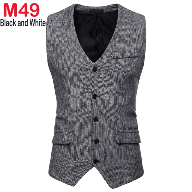 Xituodai Herringbone Tweed Mens Waistcoat Formal Business Casual Slim Fit Vests for Men Retro British Style Gentleman Men Suit V