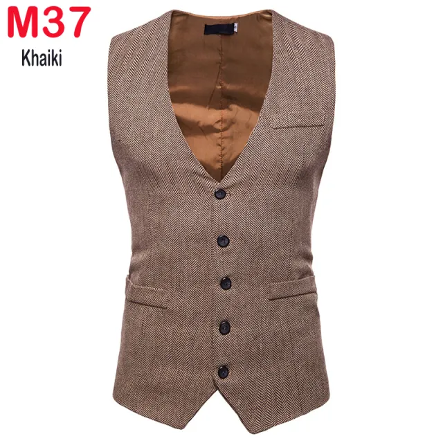 Xituodai Herringbone Tweed Mens Waistcoat Formal Business Casual Slim Fit Vests for Men Retro British Style Gentleman Men Suit V