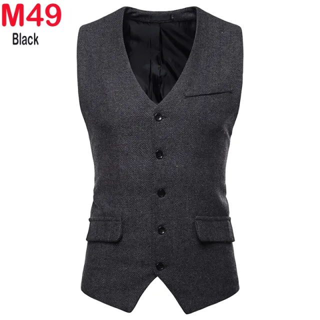 Xituodai Herringbone Tweed Mens Waistcoat Formal Business Casual Slim Fit Vests for Men Retro British Style Gentleman Men Suit V