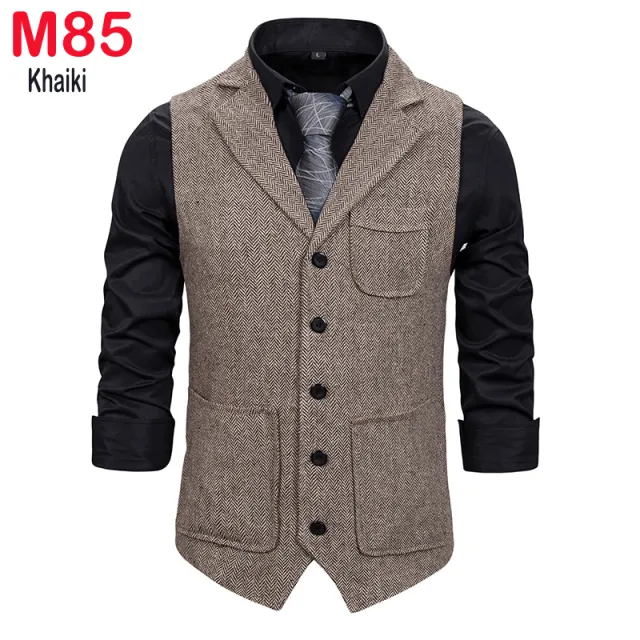 Xituodai Herringbone Tweed Mens Waistcoat Formal Business Casual Slim Fit Vests for Men Retro British Style Gentleman Men Suit V