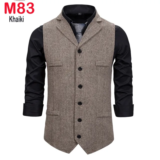 Xituodai Herringbone Tweed Mens Waistcoat Formal Business Casual Slim Fit Vests for Men Retro British Style Gentleman Men Suit V