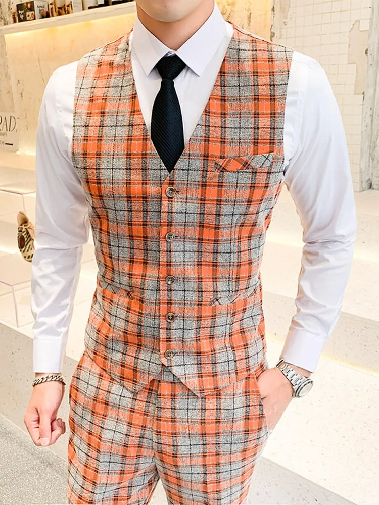 Xituodai High End Brand Classic Plaid Men's Formal Business Vest and Pants Groom Wedding Dress Party Banquet Office Waistcoat 2 