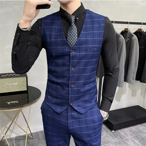 Xituodai High End Brand Classic Plaid Men's Formal Business Vest and Pants Groom Wedding Dress Party Banquet Office Waistcoat 2 