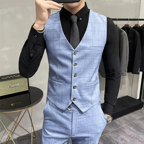 Xituodai High End Brand Classic Plaid Men's Formal Business Vest and Pants Groom Wedding Dress Party Banquet Office Waistcoat 2 