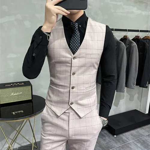 Xituodai High End Brand Classic Plaid Men's Formal Business Vest and Pants Groom Wedding Dress Party Banquet Office Waistcoat 2 