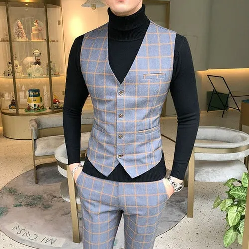 Xituodai High End Brand Classic Plaid Men's Formal Business Vest and Pants Groom Wedding Dress Party Banquet Office Waistcoat 2 