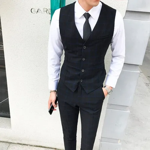 Xituodai High End Brand Classic Plaid Men's Formal Business Vest and Pants Groom Wedding Dress Party Banquet Office Waistcoat 2 