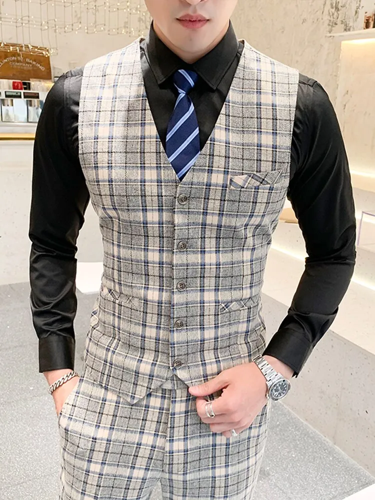 Xituodai High End Brand Classic Plaid Men's Formal Business Vest and Pants Groom Wedding Dress Party Banquet Office Waistcoat 2 