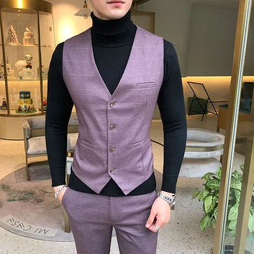 Xituodai High End Brand Classic Plaid Men's Formal Business Vest and Pants Groom Wedding Dress Party Banquet Office Waistcoat 2 