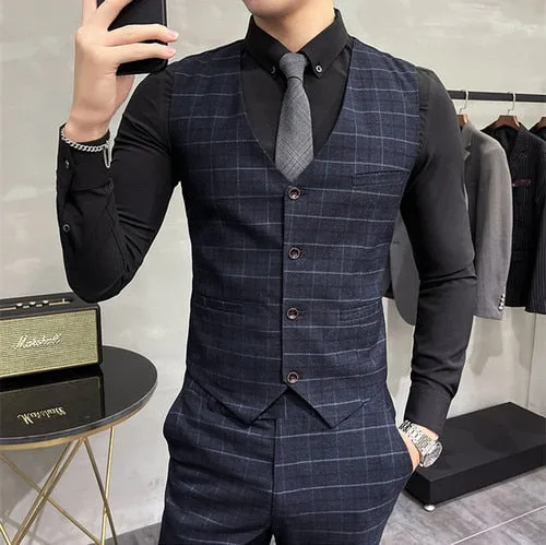 Xituodai High End Brand Classic Plaid Men's Formal Business Vest and Pants Groom Wedding Dress Party Banquet Office Waistcoat 2 